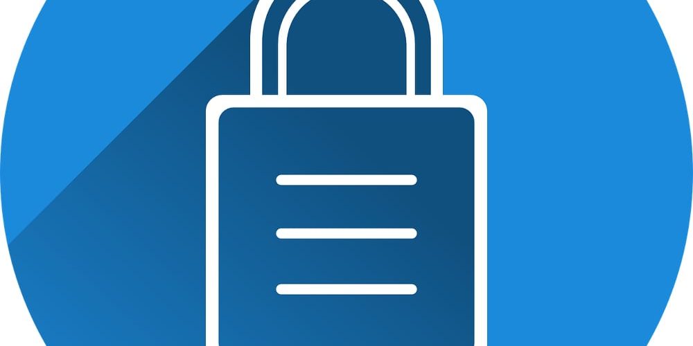 White padlock on blue circular background