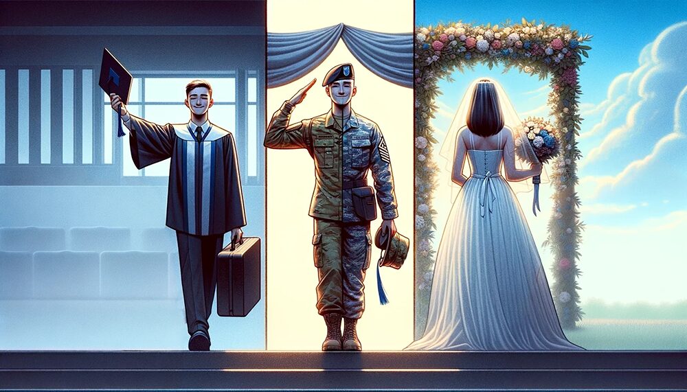 A young adult graduating, joining the military and getting married